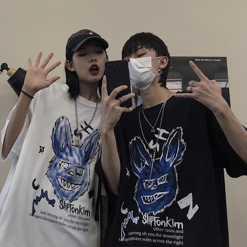 [Mã WASKT410K giảm 10K đơn 50K] Áo thun tay lỡ dáng rộng unisex dưới 75kg - Thỏ xanh