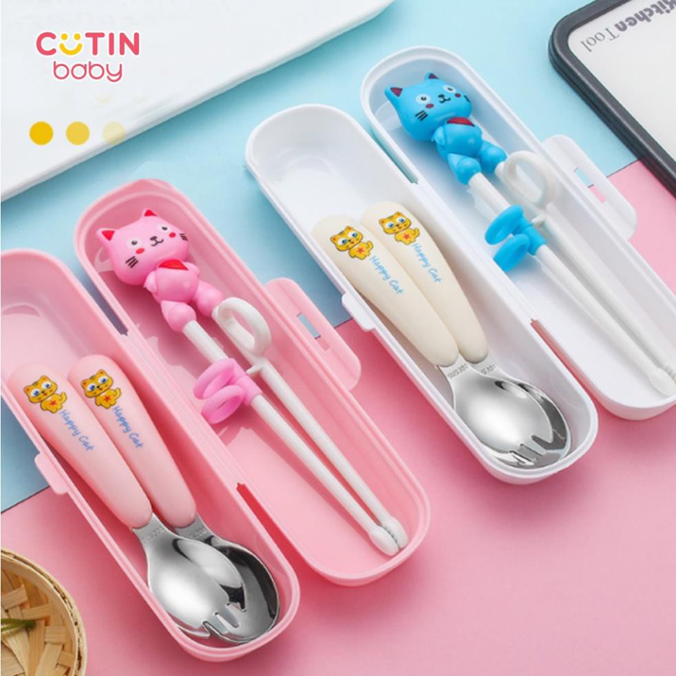 Bộ thìa, đũa, dĩa ăn dặm cho bé CAO CẤP HAPPYCAT Hàn Quốc + Tặng kèm DEAL bát ăn dặm mini 0Đ