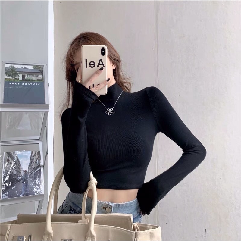 Áo thun crotop cao cổ chất bozip QC xịn đen/ trắng (annstore_ảnh thật)