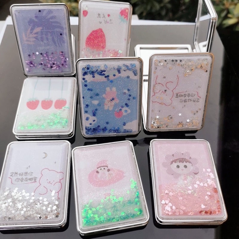 Gương mi ni cầm tay,gương trang điểm hai mặt nhũ chảy siêu xinh
