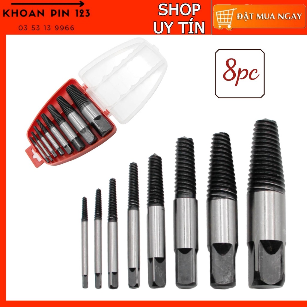 Bộ 8 mũi taro tạo ren tháo ốc vít hỏng, ống nước gãy size #1 - #8 có hộp nhựa đựng tiện lợi