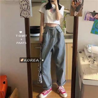 🌼set áo croptop + quần jeans suông ulzzang