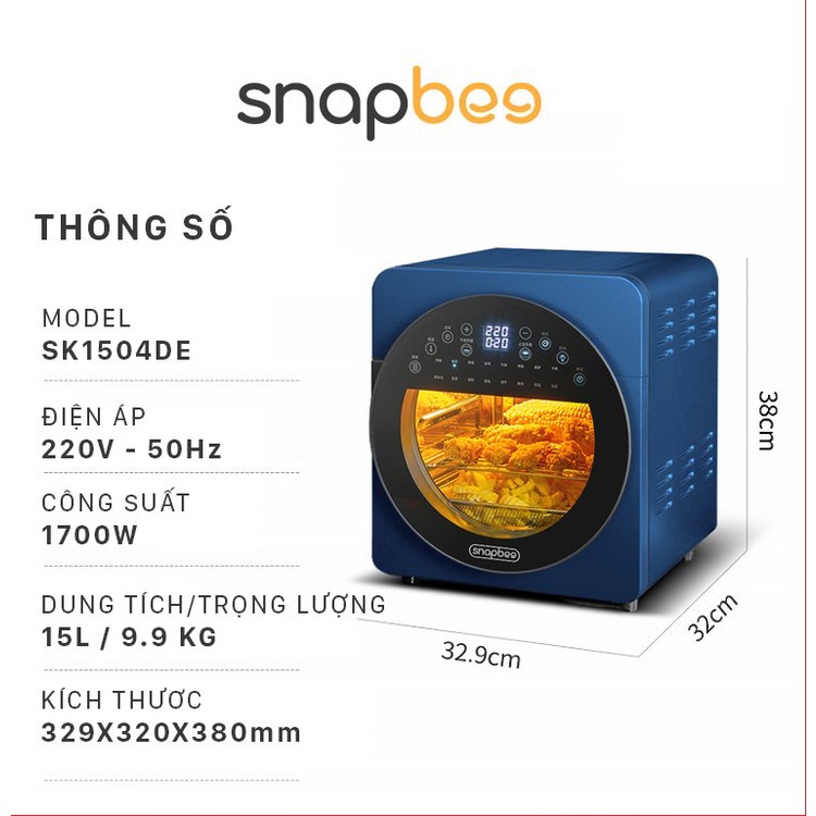 Nồi chiên không dầu Snapbee 15L hoàn toàn tiếng Việt không cần lật thực phẩm