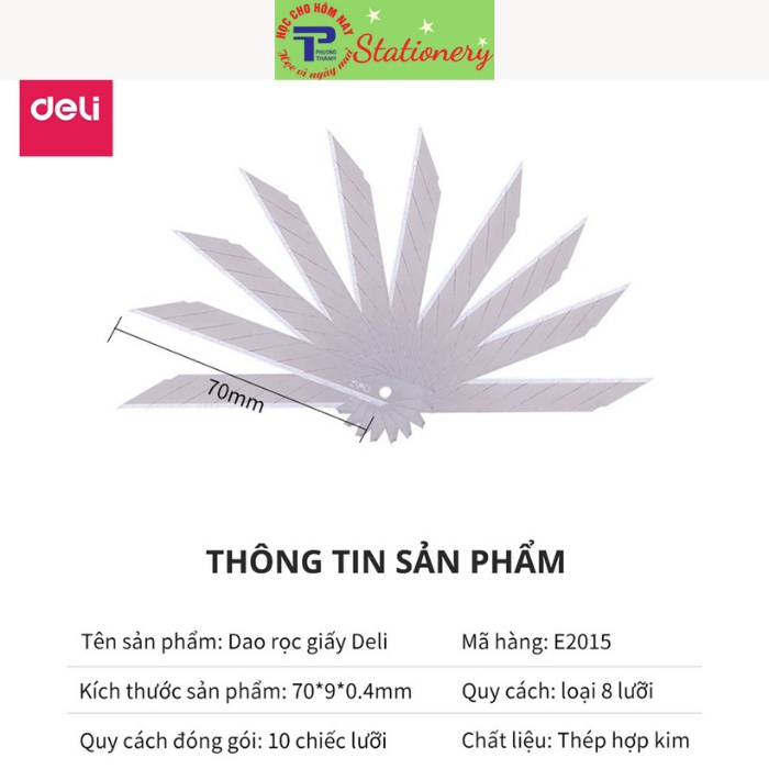 Lưỡi dao rọc giấy Deli, Bạc, đầu nhọn, 10 chiếc/hộp - E2015