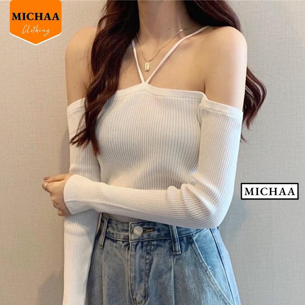 Áo Croptop Trễ Vai Phối Dây Mảnh Trên Cổ Kiểu Tay Dài Thun Gân - MICHAA