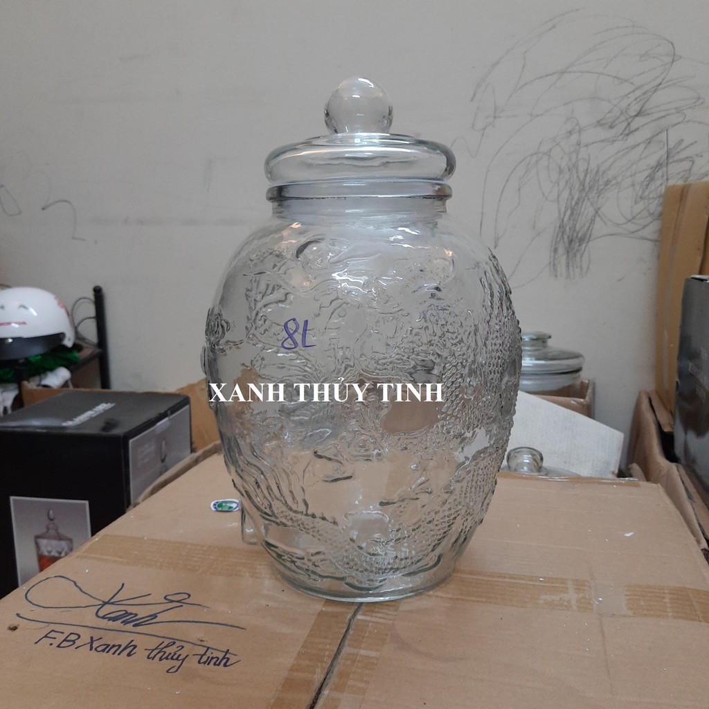 Chum thủy tinh họa tiết rồng phượng dày dặn - Dung tích - 8 lít