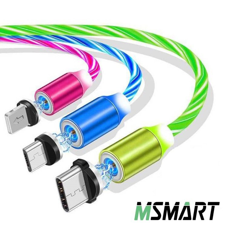 Dây Cáp Sạc Nam Châm Phát Sáng Xoay 360 Độ 3 đầu Android và iPhone và Type-C dây dù có đèn led NC1M