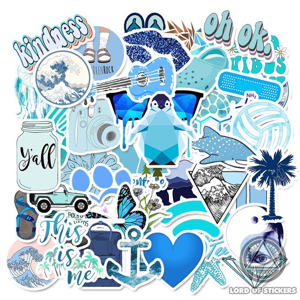 Set 50 Nhãn Dán Sticker Cute VSCO Phong Cách Hoạt Hình Màu Xanh Blue Chống Thấm Nước Trang Trí Mũ Nón Bảo Hiểm, Vali, Sổ