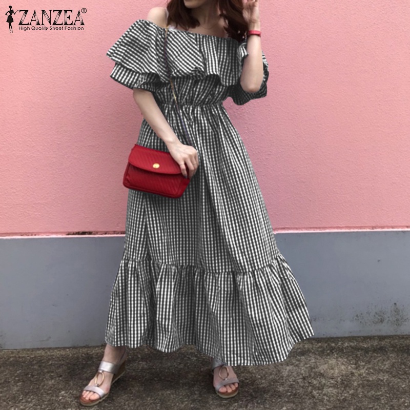 Đầm Zanzea trễ vai tay ngắn họa tiết sọc caro thời trang xinh xắn cho nữ