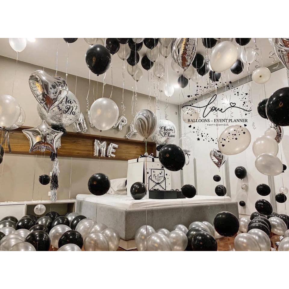 Bóng bay trang trí phòng cưới❤️Tặng 100 cánh hoa hồng❤️Set hapy wedding bóng trang trí phòng cưới, phòng tân hôn màu bạc