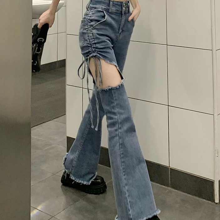 Quần Jeans Nữ Lưng Cao Rách Gối Cá Tính