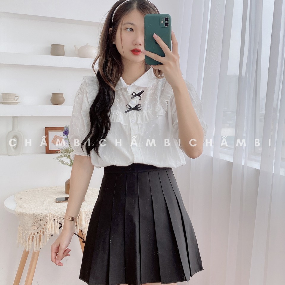 [SALE] Áo Sơ Mi Ngắn Tay Cổ Yếm Bèo Hai Nơ Nhỏ Cực Xinhhh Freesize&lt;53Kg - A.174
