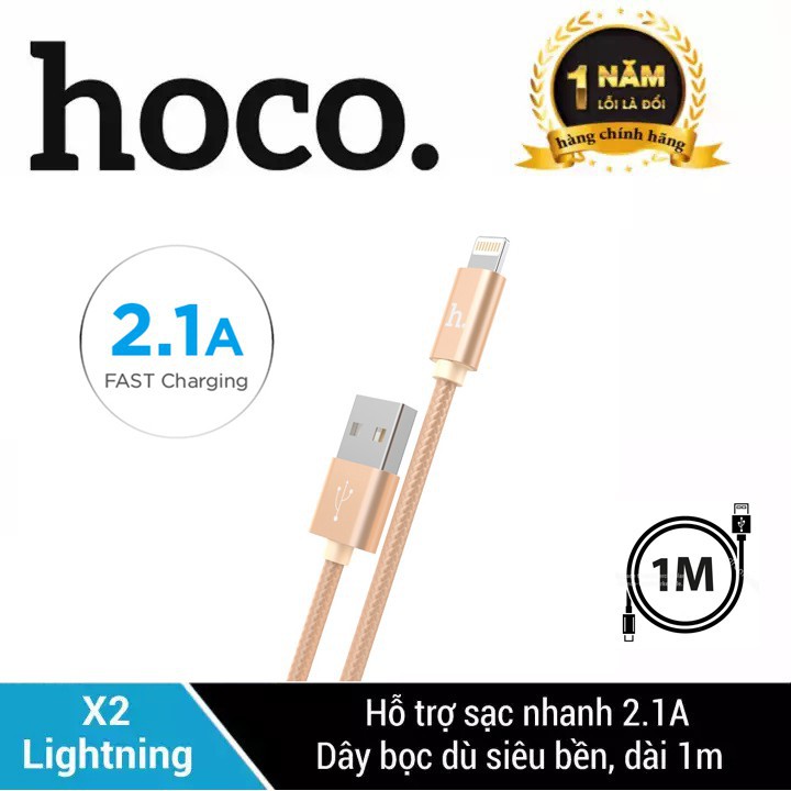 Cáp sạc Hoco X2 Lightning dây dù siêu bền hỗ trợ truyền tải dữ liệu qua lại giữa các thiết bị dài 1m cho iPhone/iPad