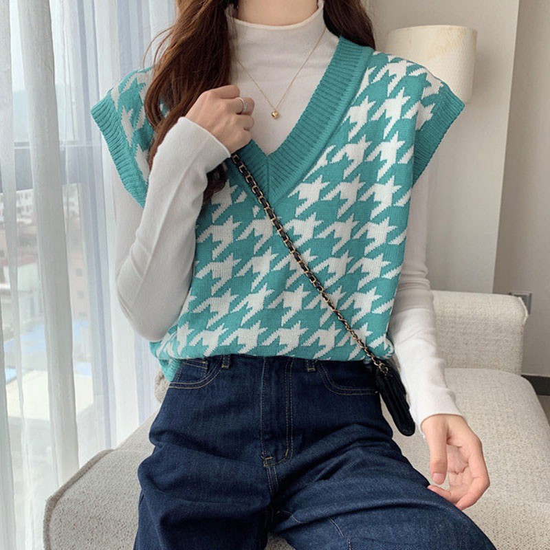 Áo sweater dệt kim không tay thiết kế xinh xắn phong cách Hàn