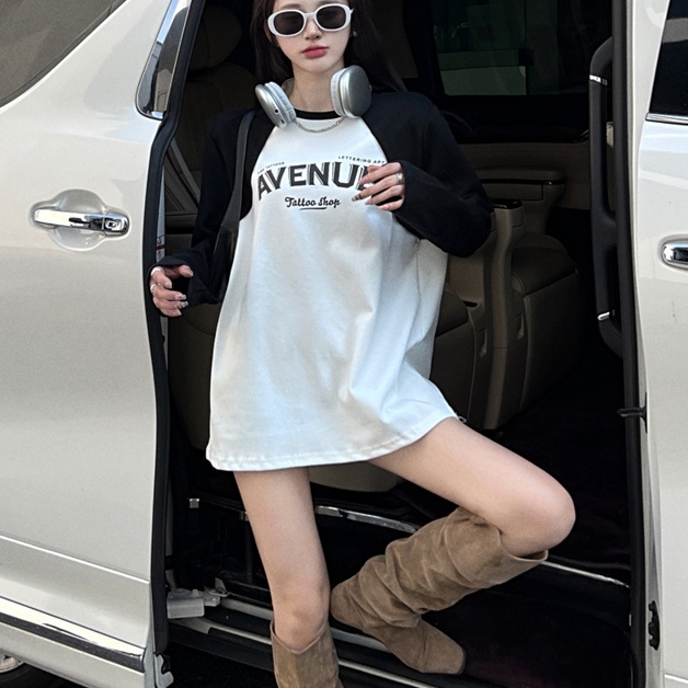 Áo thun SUXI tay dài cổ tròn in họa tiết chữ cái phong cách Hàn Quốc thời trang dành cho nữ