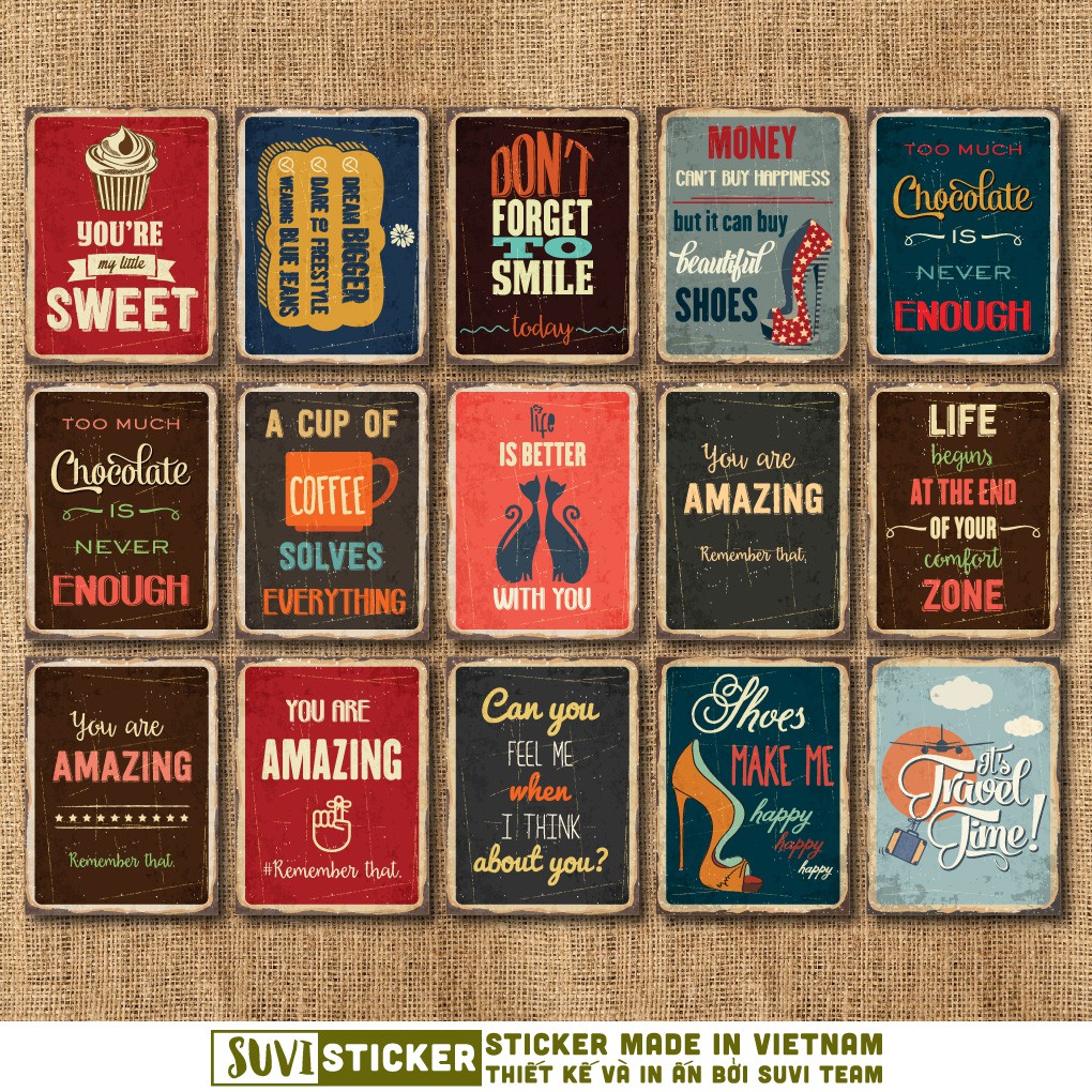 50 Sticker Vintage Quotes chống nước sticker dán laptop, điện thoại, đàn guitar, mũ bảo hiểm, vali. MSP: VR21