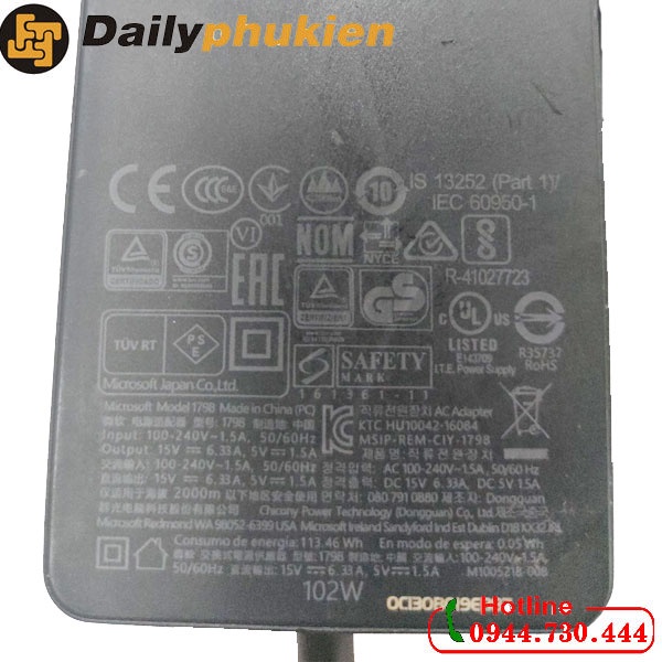 Sạc Microsoft Surface Book 2 15v 6.33a 102W chính hãng dailyphukien