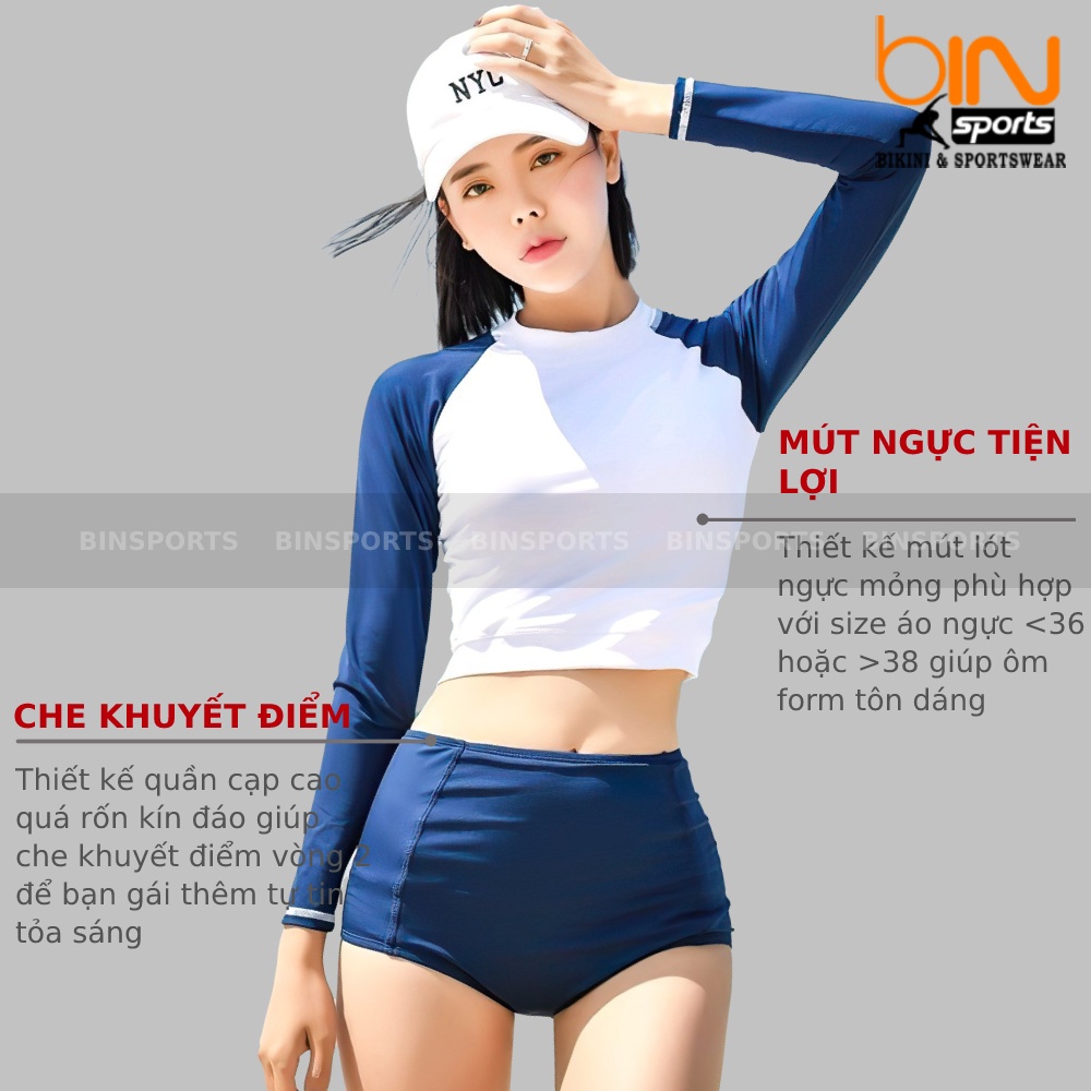 Bộ Đồ Bơi Nữ 2 Mảnh Quần Đùi Cạp Cao Aó Crop Dài Tay Bin Sports BHV093