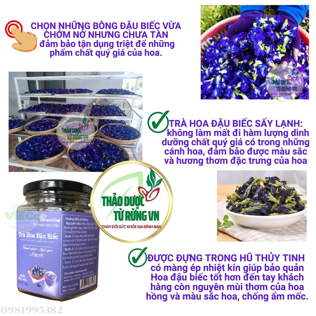 Trà Hoa Đậu Biếc Sấy Lạnh GREELIFE - Hoa Đậu Biếc Khô Hàng Xuất Khẩu Nguyên Vẹn Màu Sắc, Mùi Vị Thảo Dược Từ Rừng VN