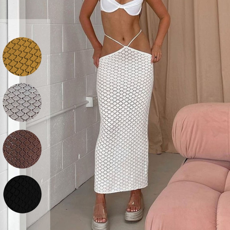 Chân Váy Maxi Đan Len Đuôi Cá Lưng Thấp Màu Trơn Thiết Kế Khoét Lỗ Thời Trang Mùa Hè Quyến Rũ Cho Nữ