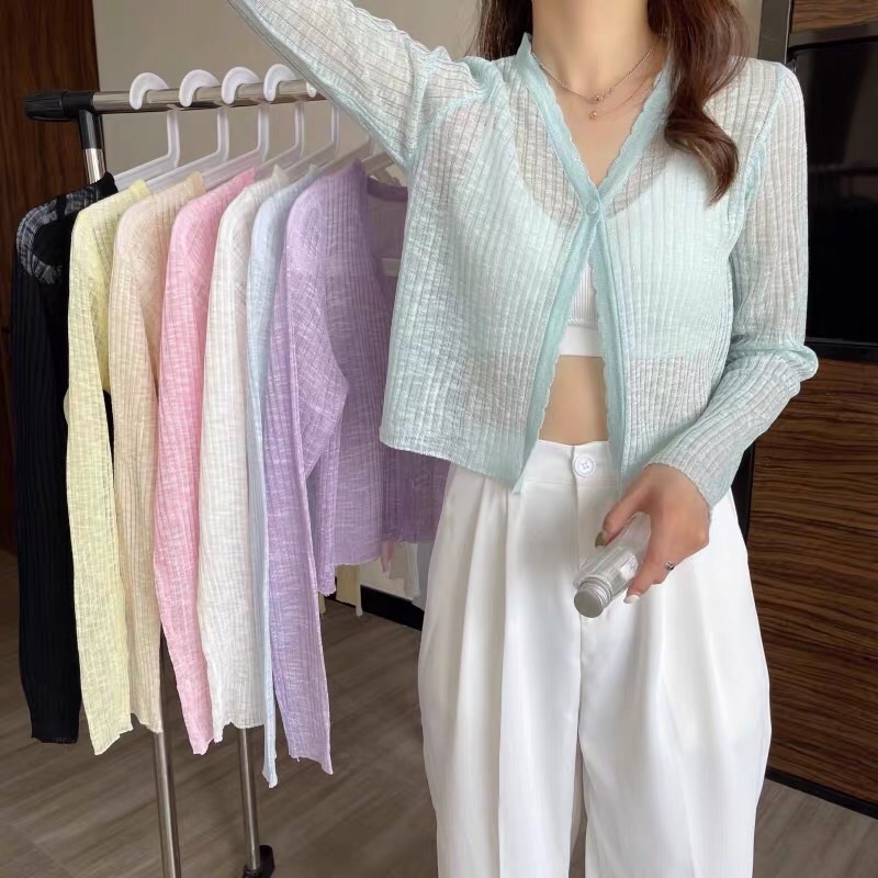 Áo Khoác Len Cardigan Mỏng Pastel, Bắp Tay To Mặc Loại Dày Mới Xinh