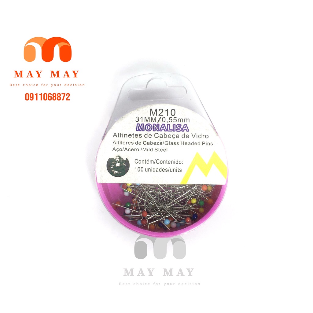 Kim ghim vải M210 hộp 100 cây đầu thủy tinh nhiều màu