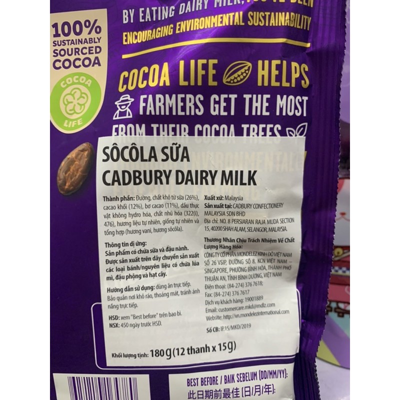 Socola Sữa Cadbury Dairy Milk Gói 180g ( 10 Thanh )