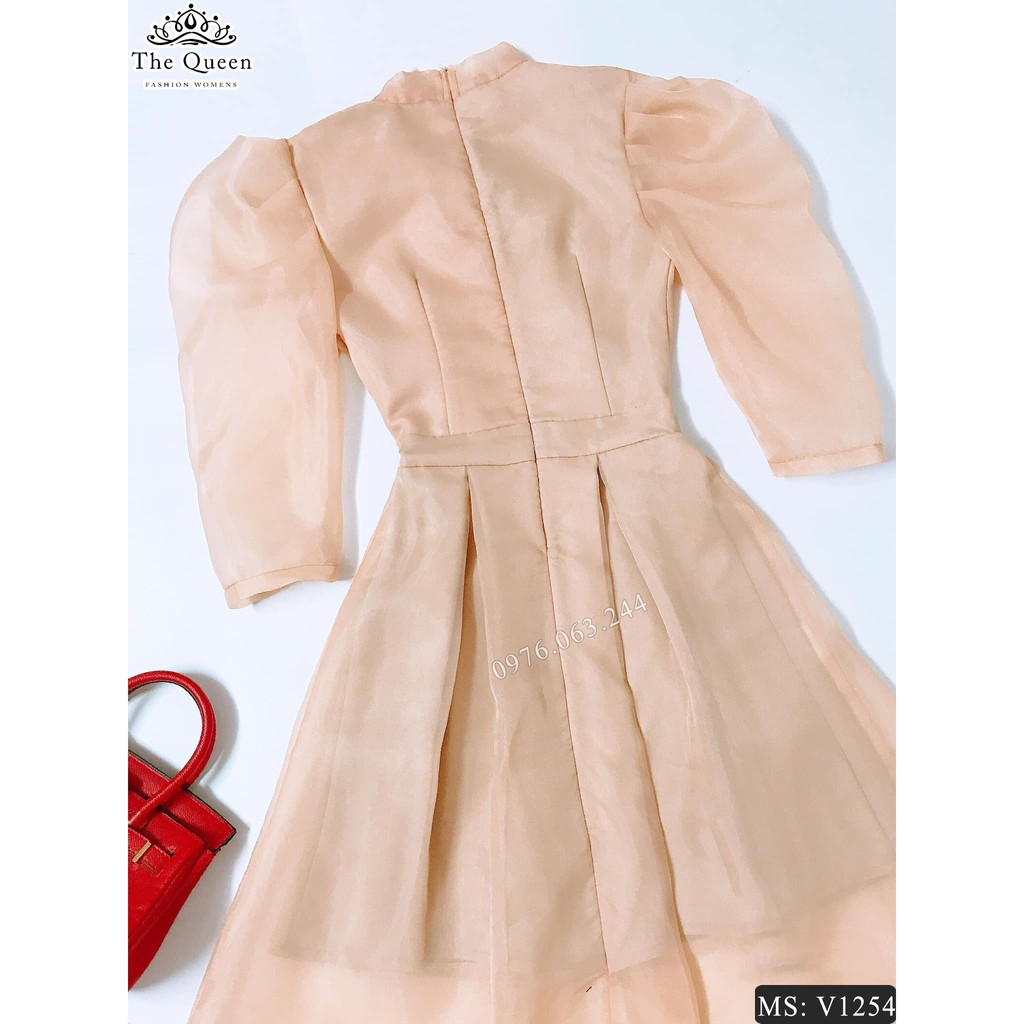 váy xòe tay lỡ V1254 màu nude kín đáo sang trọng thắt nơ cổ - The Queen Fashion - Có kèm ảnh chụp thật sản phẩm