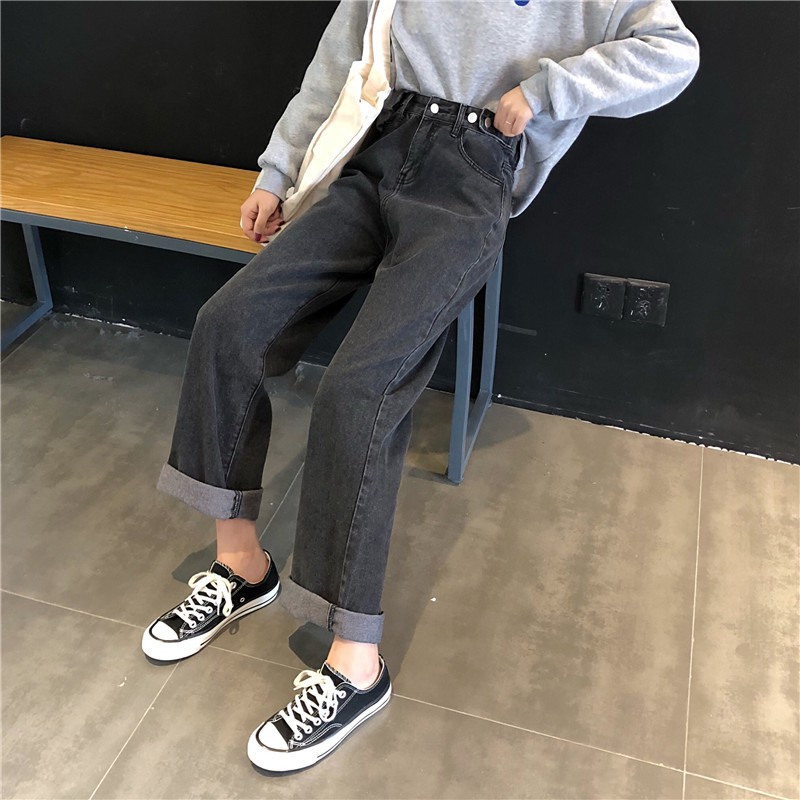 191209 Quần jeans nữ ống rộng dáng suông basic ulzzang - quần bò nữ màu xám tro có size