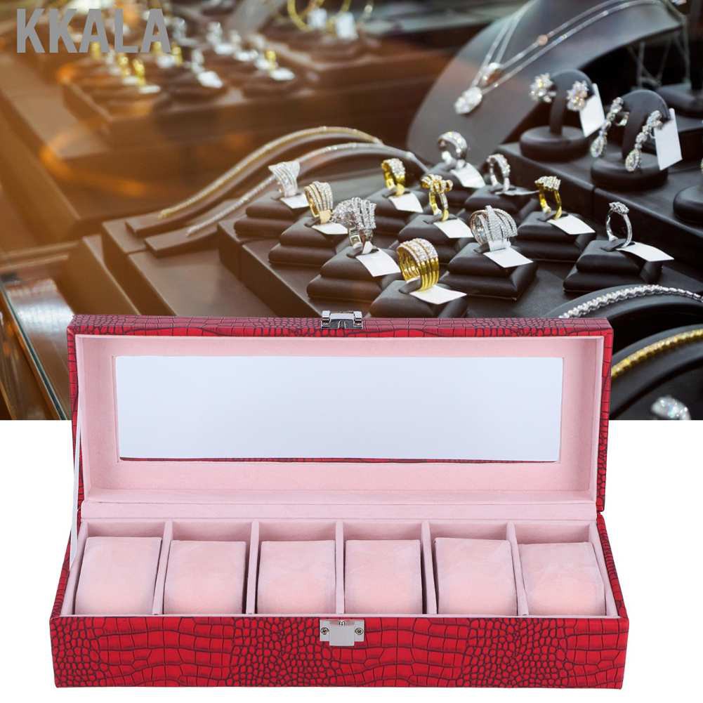 Kkala 6 Slot Watch Box PU Leather Rectangular Wristwatch Display Case Storage Organizer Wine Red