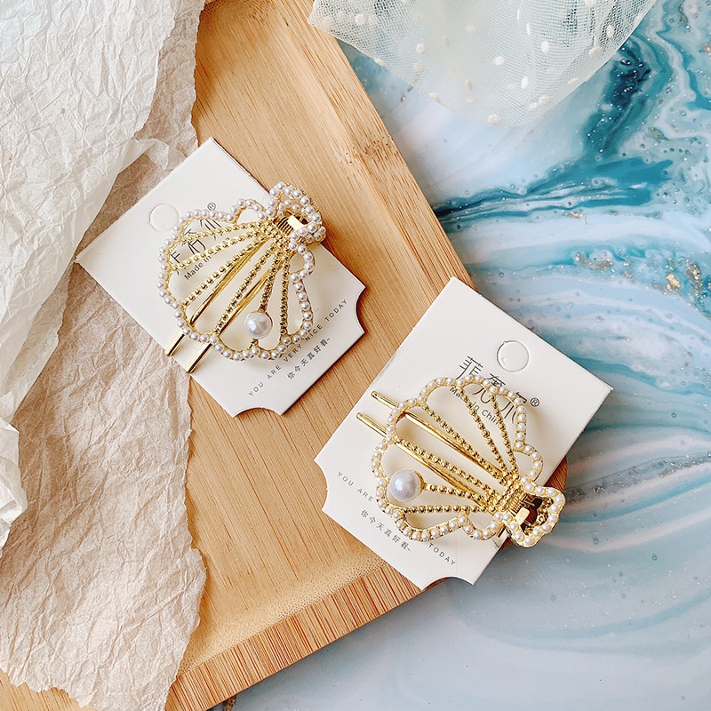 Kẹp Cá Mập Rỗng Bằng Kim Loại Đính Ngọc Trai Cho Nữ Mới