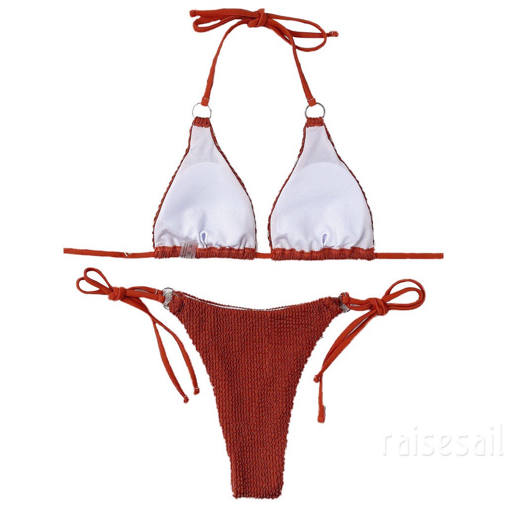 Set bikini hai mảnh màu trơn cổ yếm thiết kế buộc dây thời trang quyến rũ cho nữ