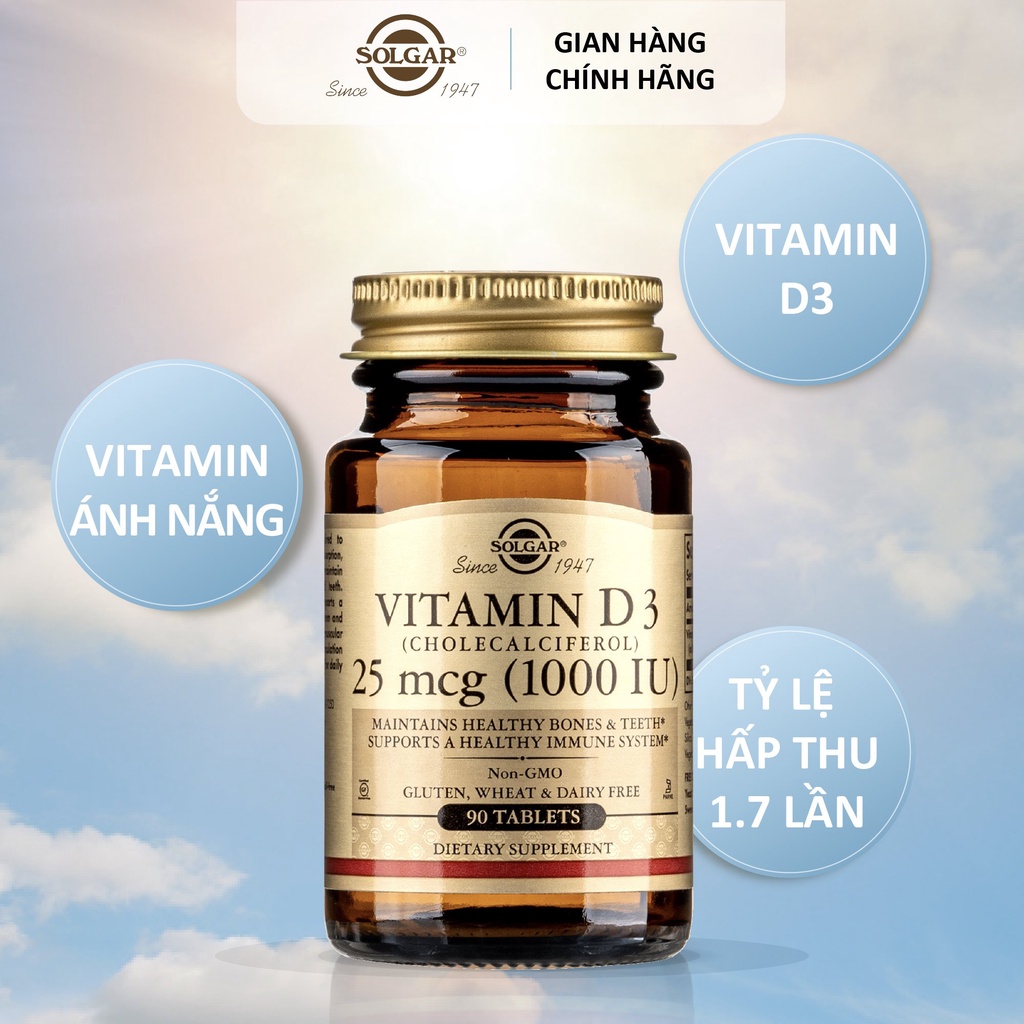 Viên Uống Solgar Vitamin D3 1000 Iu - Ngừa Loãng Xương, Hỗ Trợ Sức Khỏe Xương Khớp [Lọ 90 Viên]