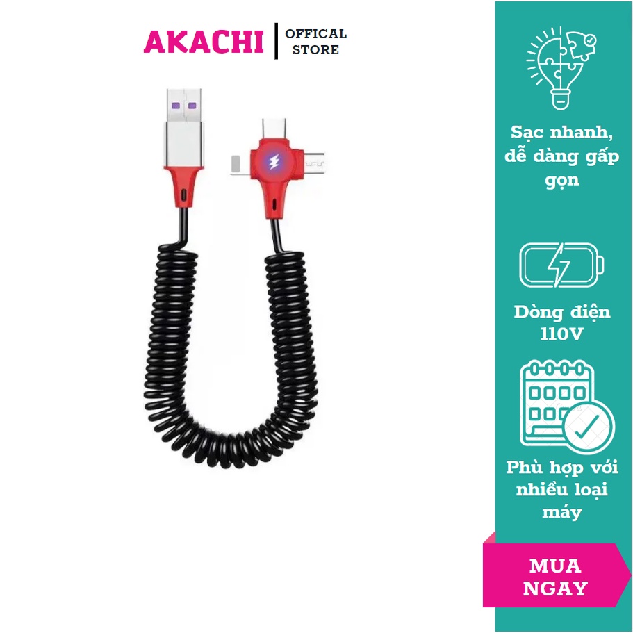 Cáp sạc xoắn lò so với 3 đầu sạc Baseus, dây sạc xoắn lò xo hỗ trợ sạc nhanh mềm dẻo chất lượng cao