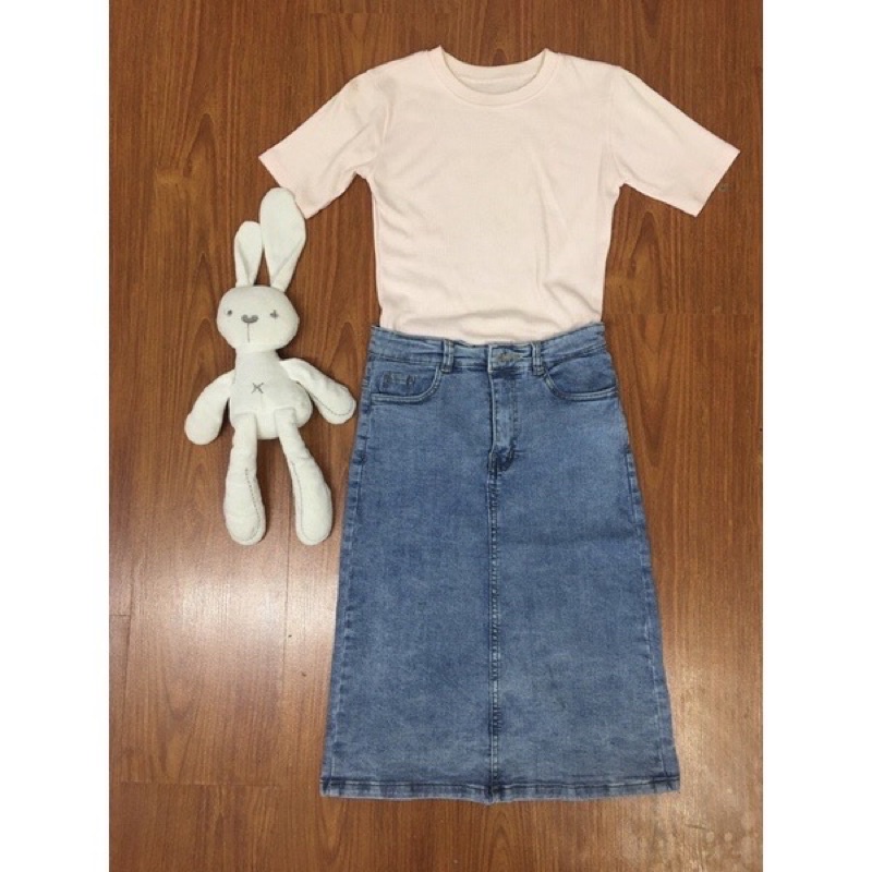 Chân váy jean chữ A dáng dài lưng thun co giãn