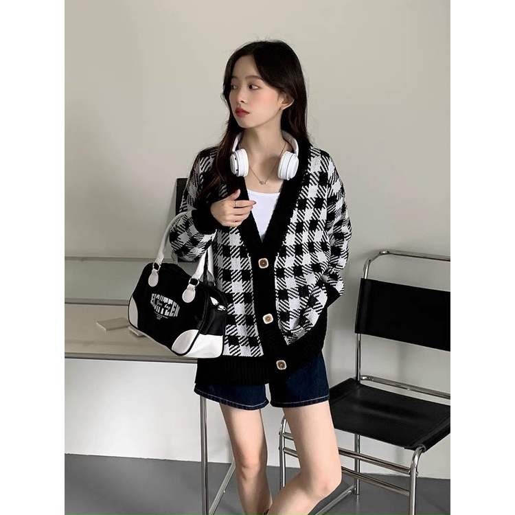 Áo Cardigan Len Nữ Kẻ Ô Dài Tay Len Dày Form Rộng Xinh Xắn, Labibi