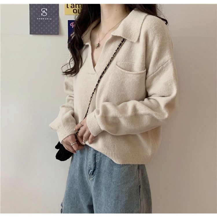 Áo sweater dệt kim cổ chữ V dáng rộng mềm mại phong cách retro