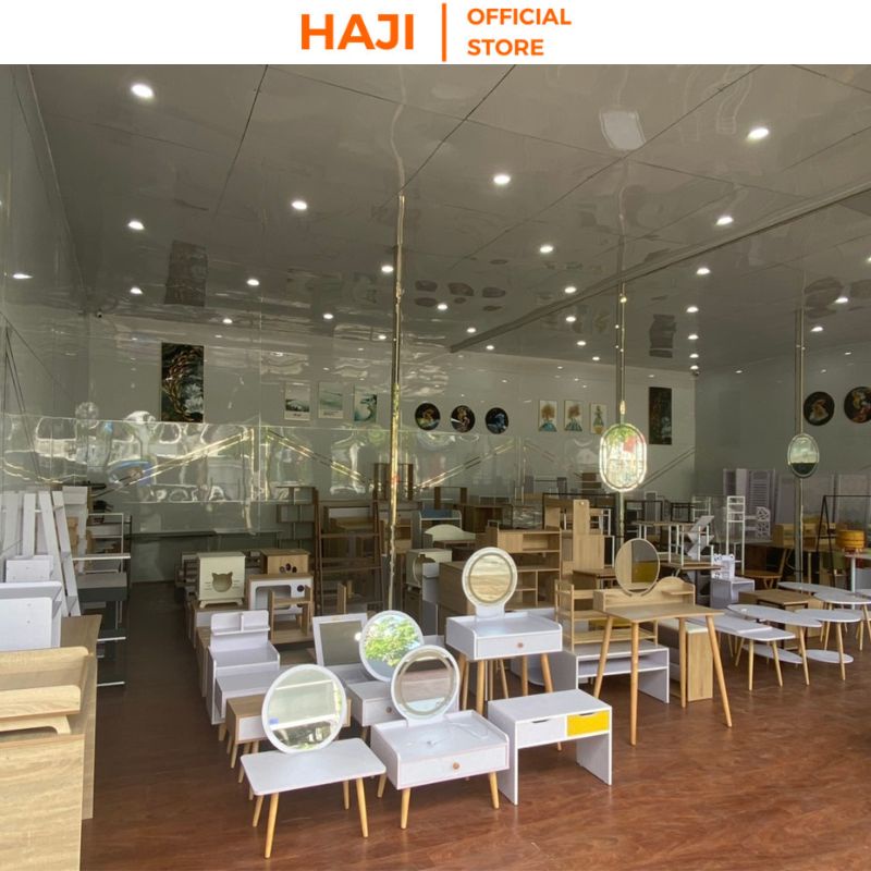 Bàn trang điểm ngồi bệt gương gấp mở tiện dụng, Bàn phấn HAJI có ngăn kéo lưu trữ phối cánh màu vàng bắt mắt A69