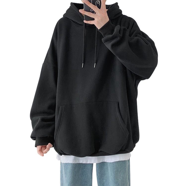 Áo HOODIE Nam Đen Trơn BASIS Vải Nỉ Phom Rộng UNISEX từ 45kg - 90kg HD900Đ