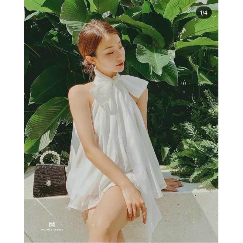 Áo 3 lỗ cổ buộc nơ chất lụa tơ oganza siêu xinh