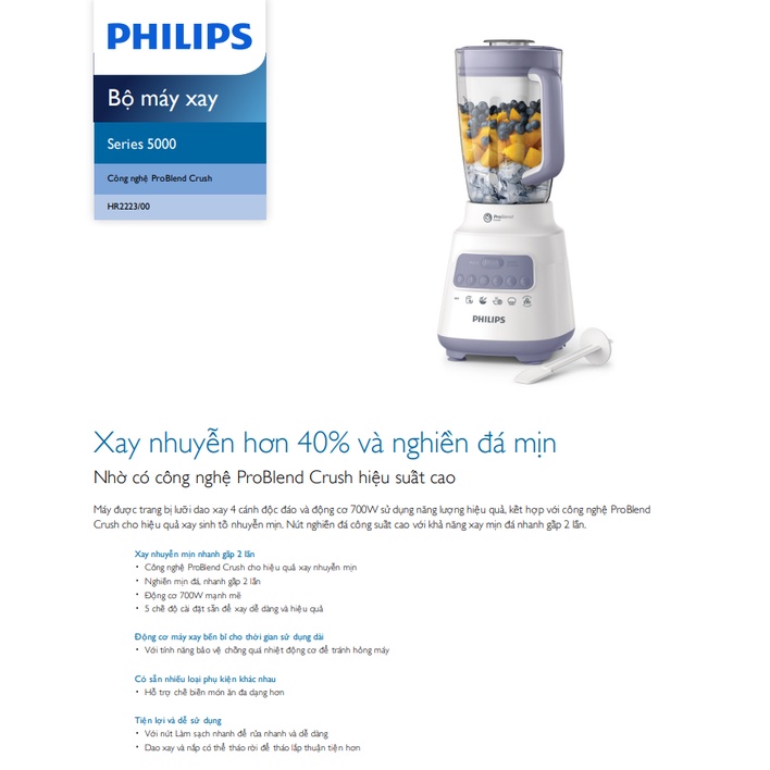 Máy Xay Sinh Tố Đa Năng PHILIPS HR2223/00, Nhiều Phụ Kiện Xay, Công Suất 700 W, Bảo Hành 24 Tháng | BigBuy360 - bigbuy360.vn
