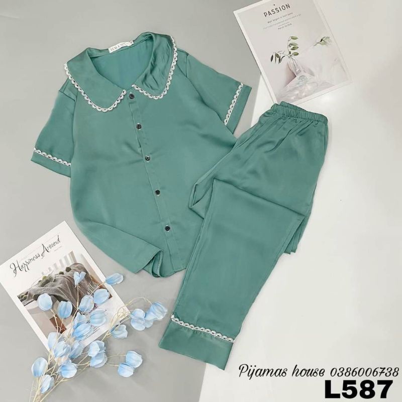 Bộ Pyjama Thiết Kế Cổ Ren Tay Cộc Quần Dài Siêu Hot
