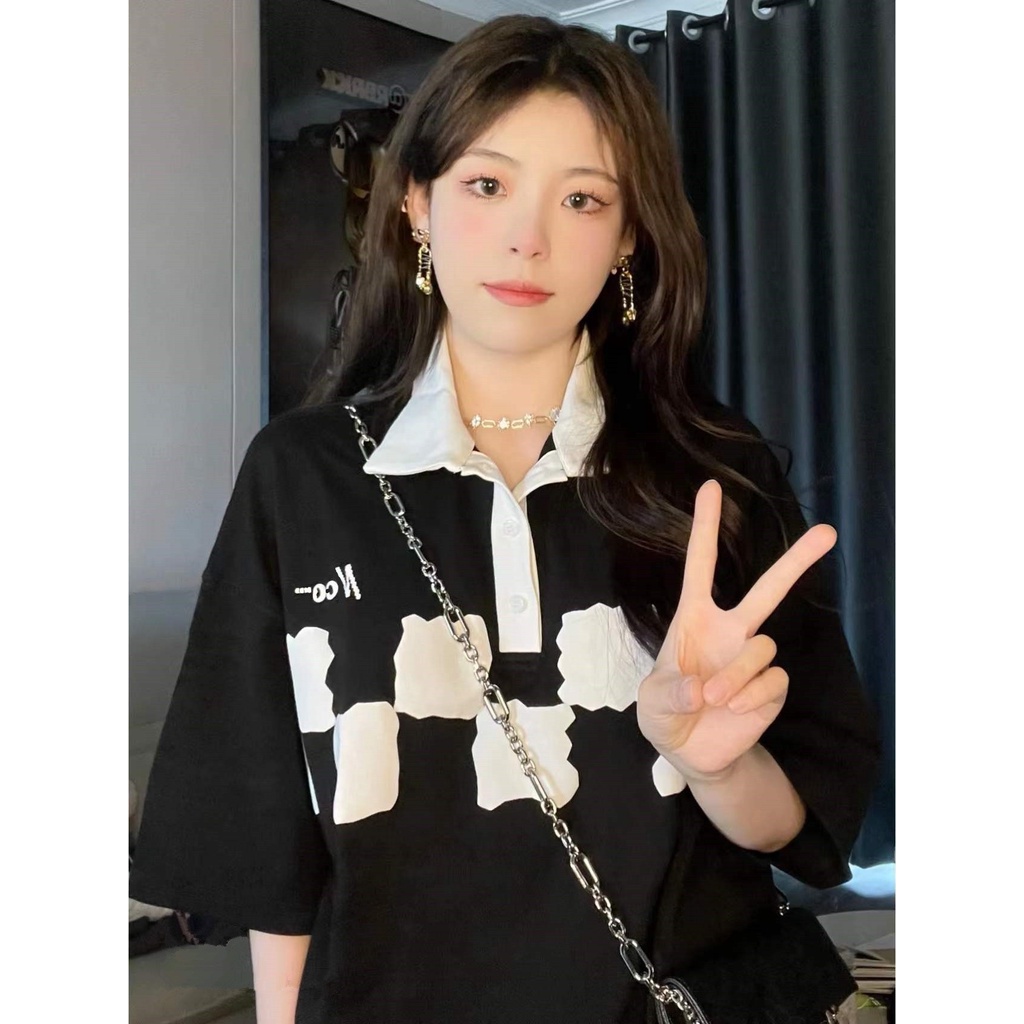 Áo polo ZHELIHANGFEI ngắn tay dáng rộng thời trang retro mỹ cá tính