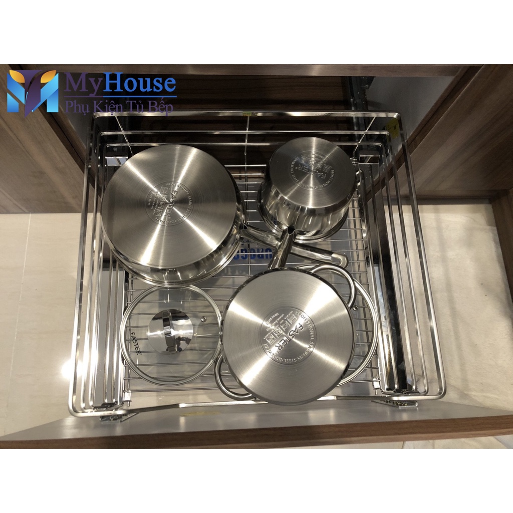 Kệ để xoong nồi EUROGOLD Inox 304 nan dẹt ray giảm chấn, Kệ để đồ tủ bếp dưới, phụ kiện tủ bếp