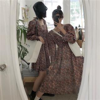 Đầm Dài Qua Gối Tay Dài Cổ Vuông Họa Tiết Hoa Phong Cách Retro