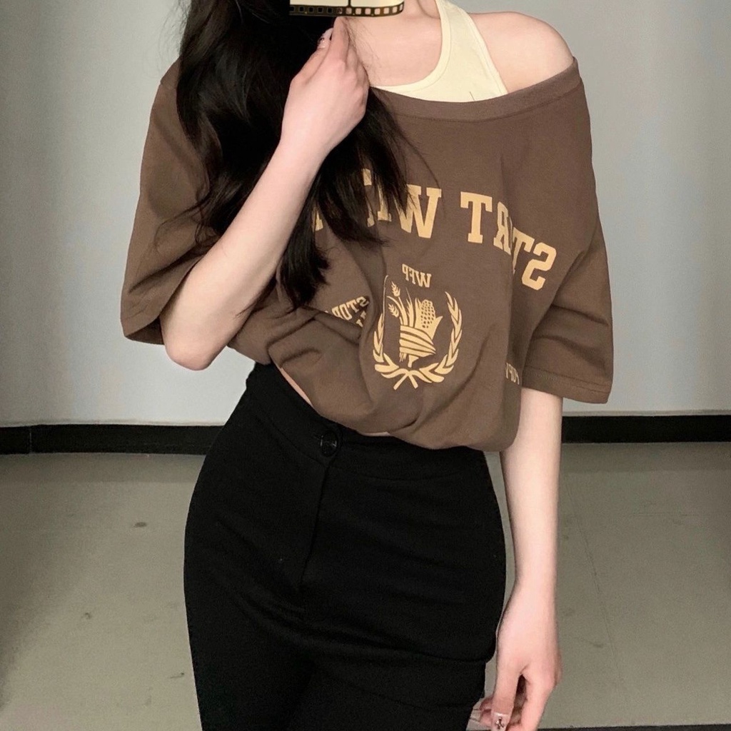 COZOK Áo Thun Ngắn Tay Trễ Vai Dáng Rộng Thời Trang Gợi Cảm