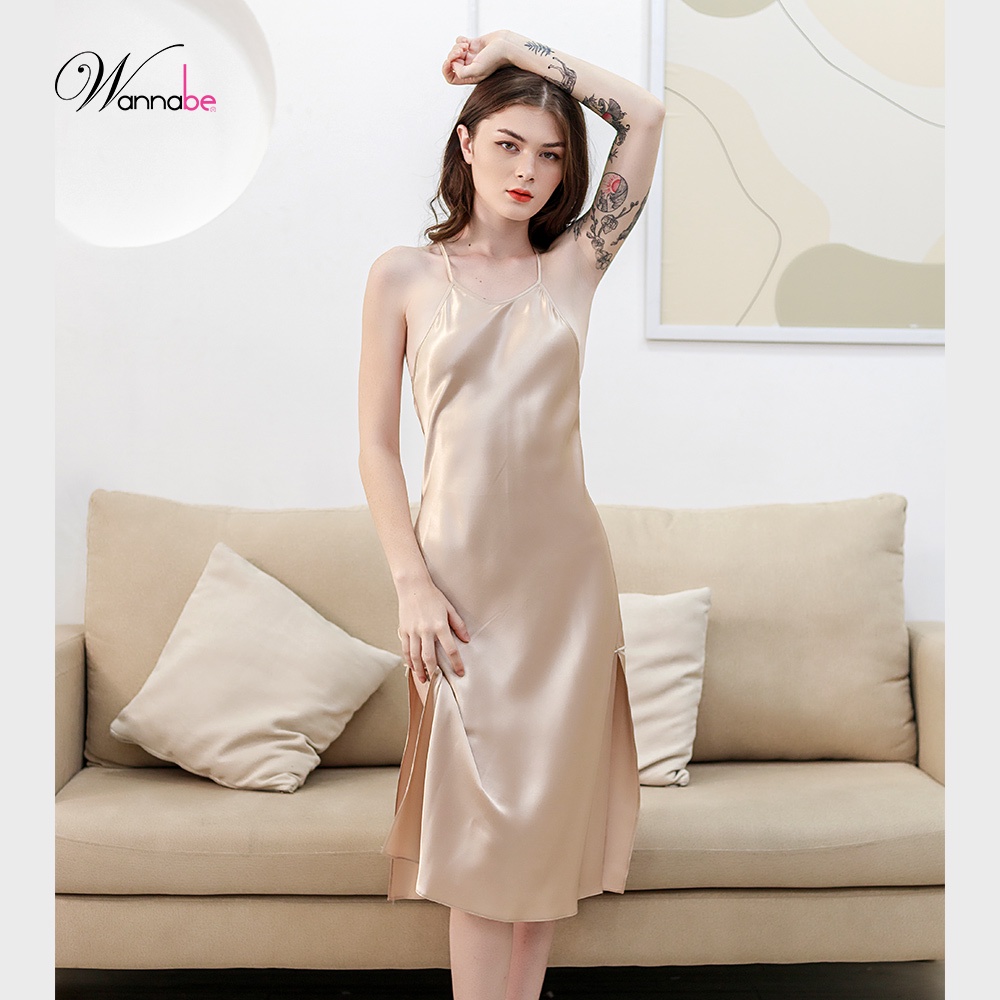 Đầm ngủ phi lụa cao cấp WANNABE DNS34 váy ngủ cổ yếm dáng dài sang trọng quý phái nữ tính với lưng đan dây thắt nơ xinh