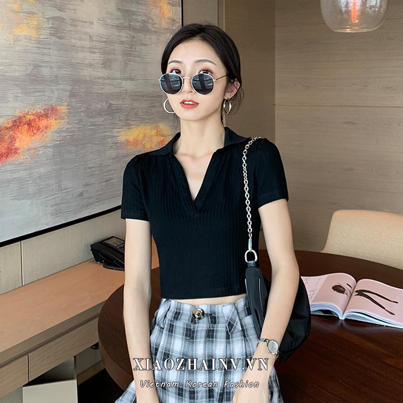 Áo croptop dệt kim tay ngắn thiết kế cổ chữ V khoét sâu gợi cảm