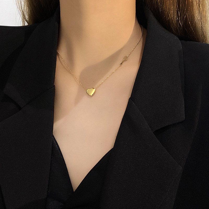 Vòng cổ Thép Titan Mạ Vàng Hồng 18k Mặt Hình Chìa Khóa Trái Tim Thời Trang Hàn Quốc Cho Nữ
