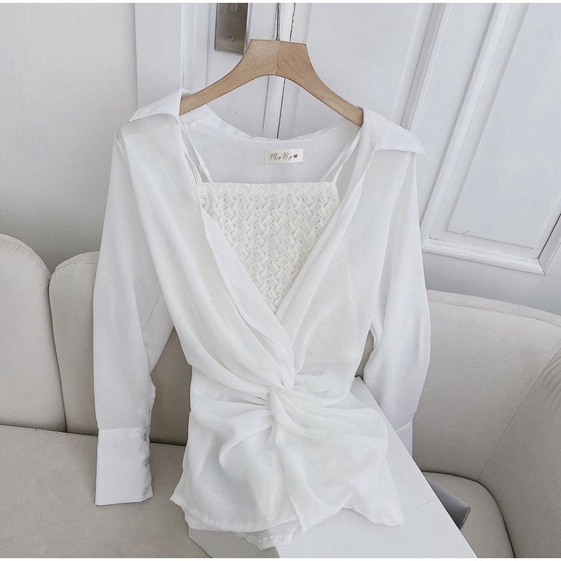 SET ÁO CROP TRONG KÈM sơ MI XOẮN NHÚN + SHORT